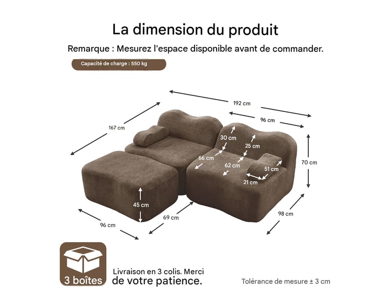  Canapé modulable en l 2 places en velours marron avec pouf W3325S00425 - Conforama C
