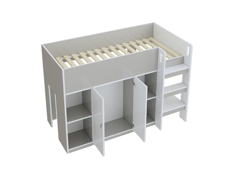  Lit mezzanine 90x200cm avec rangement, armoire, étagères et échelle - lit enfant - barrières de sécurité - gris et blanc  - Conforama A
