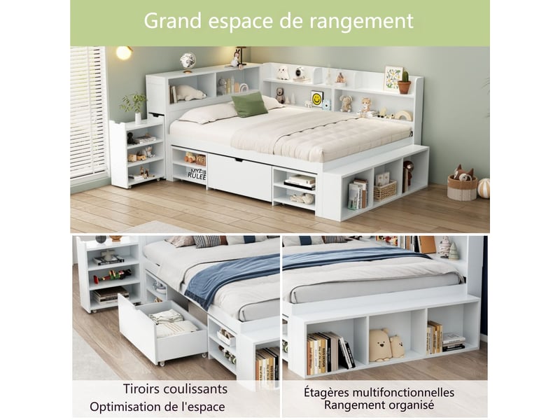 Lit avec tiroirs 140 x 190 cm lit rangement grand rangement tiroirs intégrés étagères intégrées lit enfant multifonctionnel blanc - Conforama D