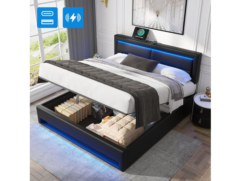  Lit rembourré 160 x 200 cm noir en pu avec led, usb, charge sans fil et rangement  - Conforama D