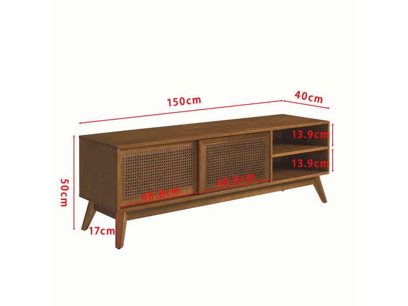  Meuble tv 150 cm pour écran jusqu'à 65 pouces, portes en rotin, noyer clair  - Conforama C