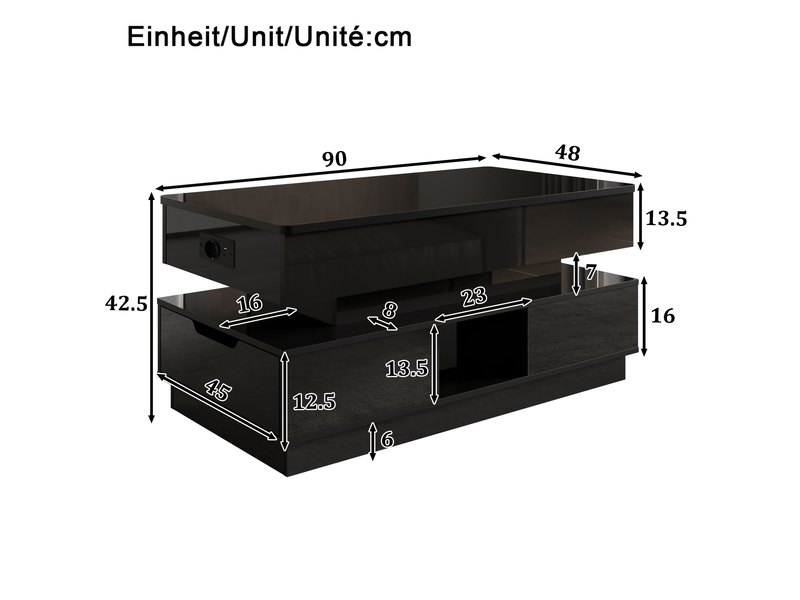  Table basse 90x48x42.5 cm noire avec plateau relevable, led et rangement  - Conforama C