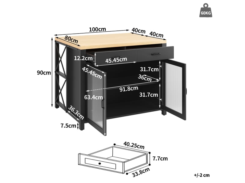  Îlot de cuisine noir avec bande led, plateau imitation bois, 2 tiroirs, porte vitrée, étagère, pieds réglables 100 - Conforama R