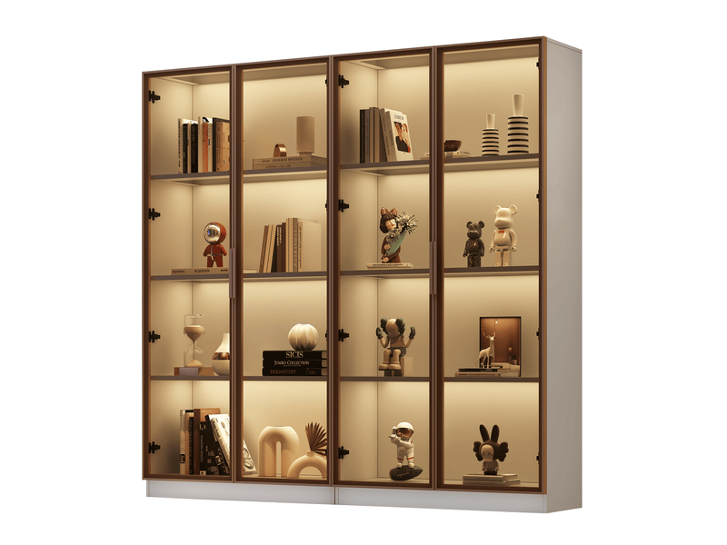 Vitrine lot de 2 avec 4 portes vitrées, 6 étagères dont 4 réglables, led pour salon en panneaux de particules - Conforama A