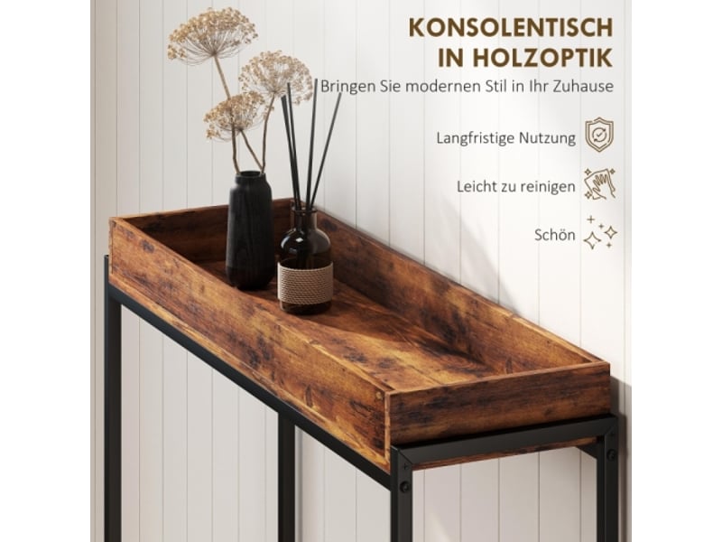 Console étroite en métal et panneau marron rustique, table d’entrée pour salon et couloir - Conforama E