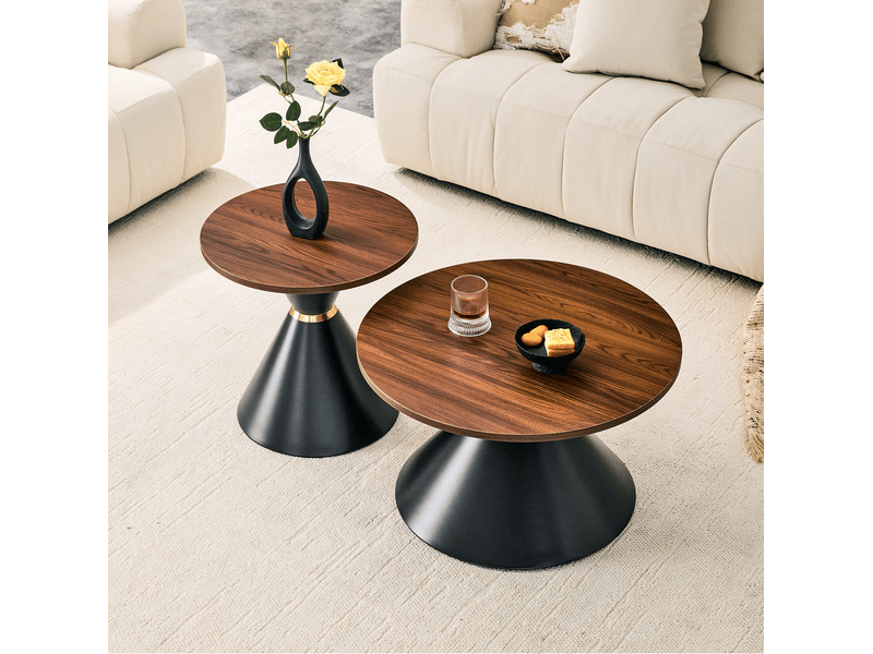  Tables basses gigognes 70x42,5+50x50,5 cm, design conique, empilables pour salon et pour bureau, métal, noyer et noir  - Conforama B