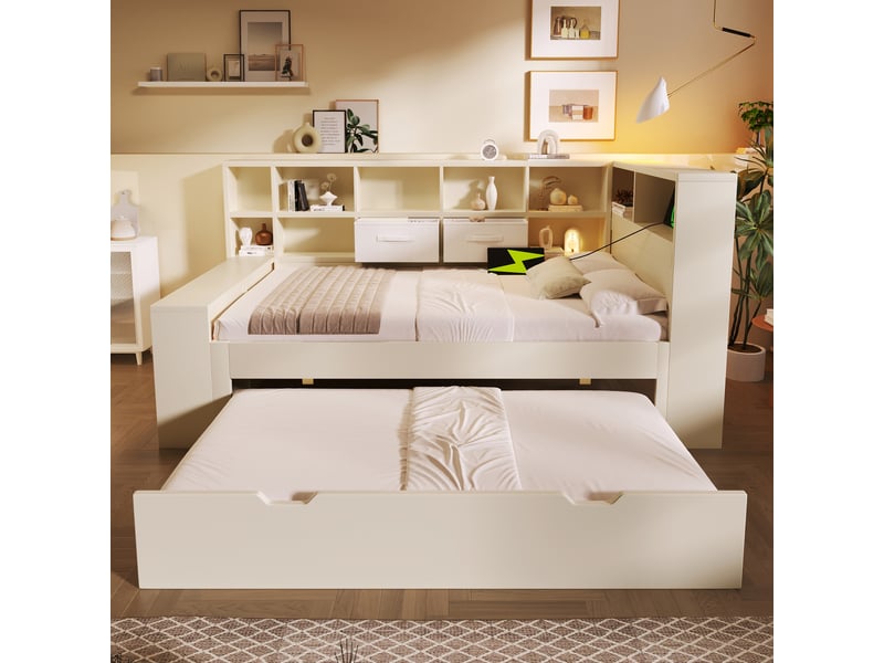 Lit gigogne 90x190 cm - lit d’appoint extractible, 8 niches et ports usbtype-c - bois - blanc CozyNest - Conforama B