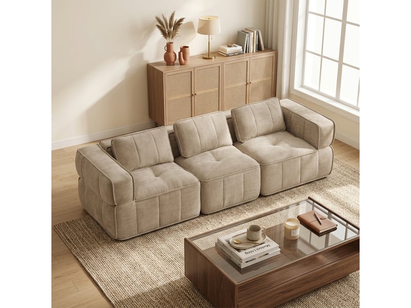Canapé 3 places, revêtement en tissu, sans assemblage, tons naturels - Conforama C