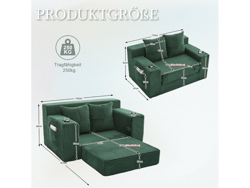  Canapé convertible 2 places avec poches latérales, porte-gobelet et deux coussins en velours côtelé vert émeraude  - Conforama C