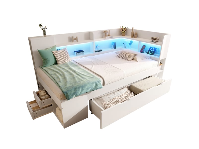 Lit simple enfant 90x200 cm – blanc – led, rangements, tiroirs et station usbtype-c de charge intégrée - Conforama A