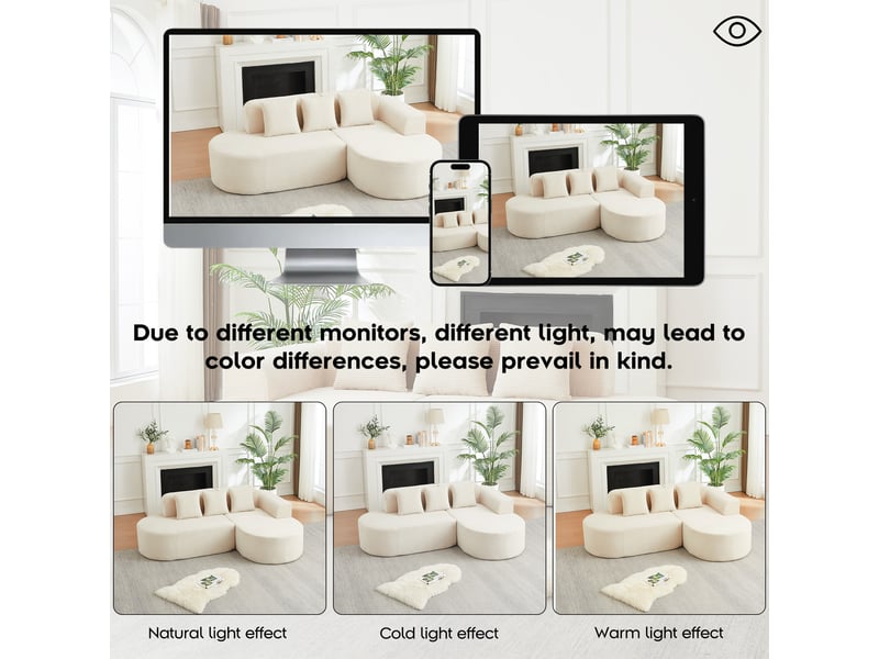  Canapé d'angle modulable à méridienne incurvée, accoudoirs arrondis et trois coussins en velours côtelé beige, 220 cm  - Conforama E