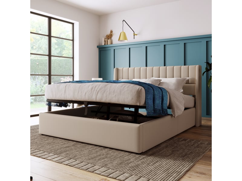 Lit coffre hydraulique 140x200 cm en lin, lit rembourré avec tête de lit capitonnée, sommier à lattes et rangement sous lit - beige (sans matelas) - Conforama D