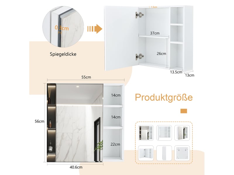  Armoire murale avec miroir 55x13x56 cm, rangement compartimenté, salle de bain, dressing, en mdf et verre, blanc  - Conforama C
