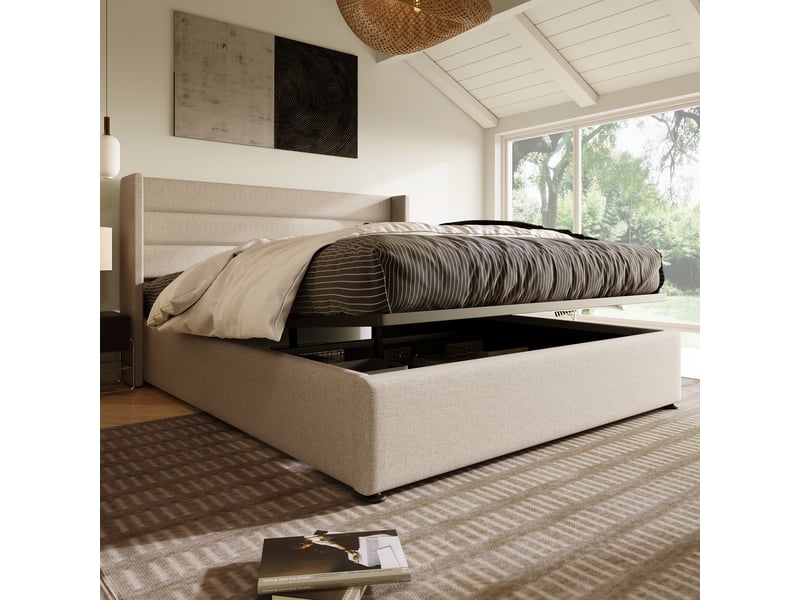  Lit coffre hydraulique 140x200cm en lin beige, sommier à lattes inclus, sans matelas, tête rembourrée  - Conforama E