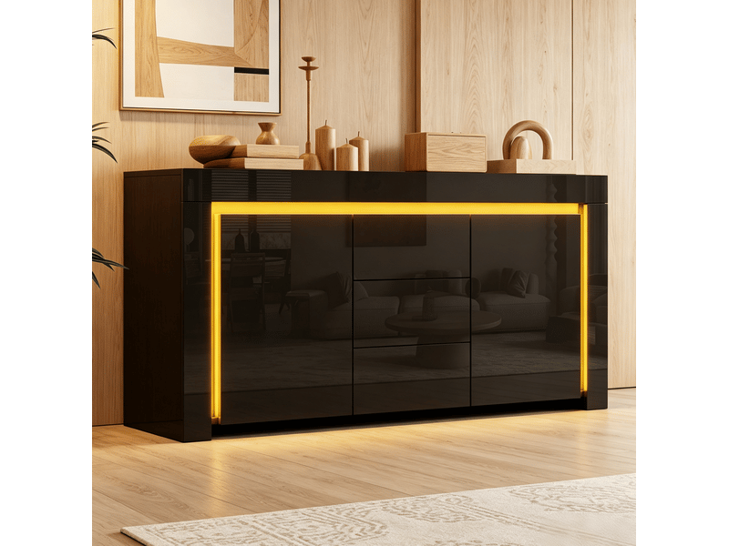  Buffet 140x40x65 cm, 2 portes, 3 tiroirs, éclairage led, design moderne, mdf noir, finition laquée brillante, rangement  - Conforama B