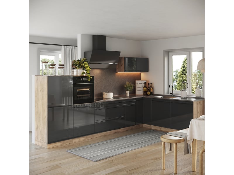  Vicco cuisine en angle, anthracite haute brillancechêne doré, 347 x cm plan de travail anthracite  - Conforama C