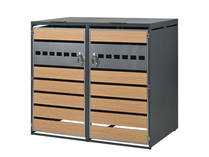  Cache-poubelles 2 compartiments avec couvercle rabattable, portes verrouillables, métal extérieur  - Conforama E