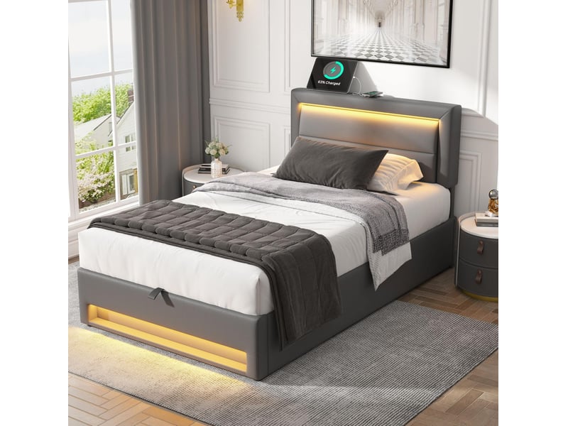  Lit coffre 90x190 cm en pu gris avec led, usb et recharge sans fil  - Conforama E