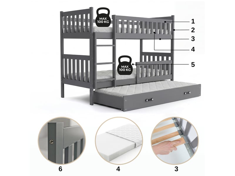 Lit superposé 3 places quba 90x200 cm + lit tiroir 80x190 cm interbeds - bois massif de pin - gris - Conforama E
