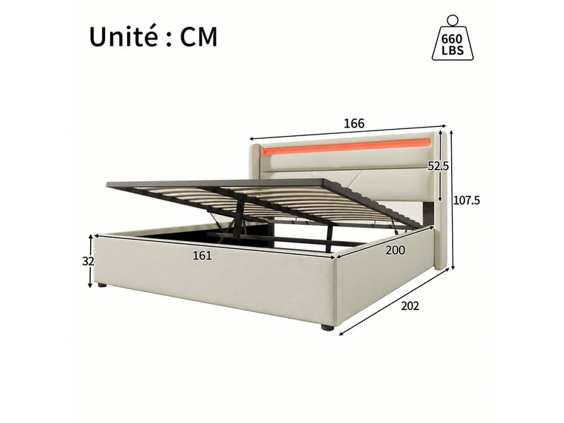  Lit coffre hydraulique 160x200, tête de lit led avec télécommande, pu blanc  - Conforama C