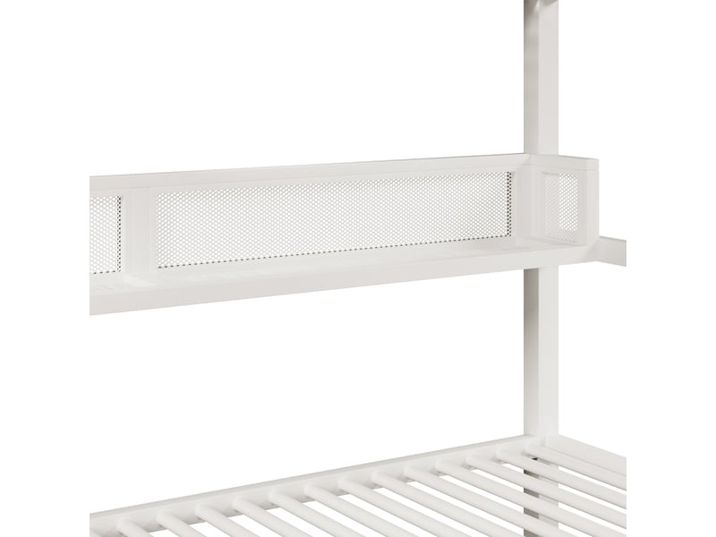 Lit superposé 140 × 200 cm, structure métal et mdf, 2 tiroirs, étagères, échelle intégrée et éclairage led, blanc - Conforama E
