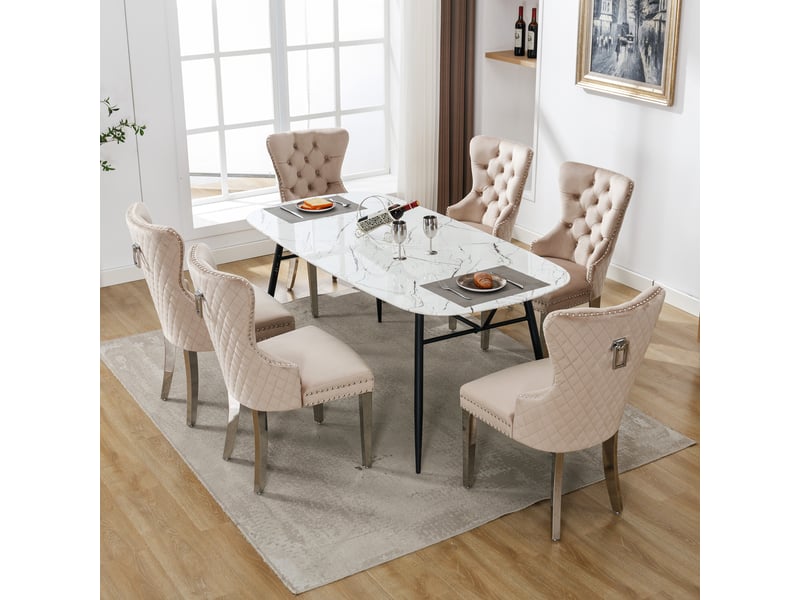  Chaises élégance lot de 6, velours beige, pieds métal, clous décoratifs, dossier unique moderne  - Conforama D
