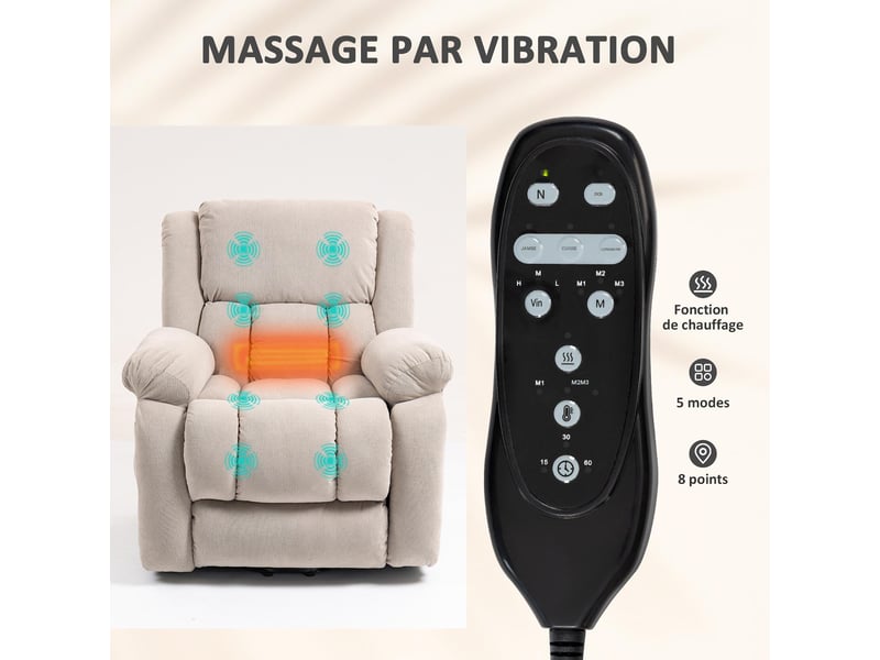  Fauteuil releveur électrique massant et chauffant en tissu 93x104x100 cm  - Conforama E