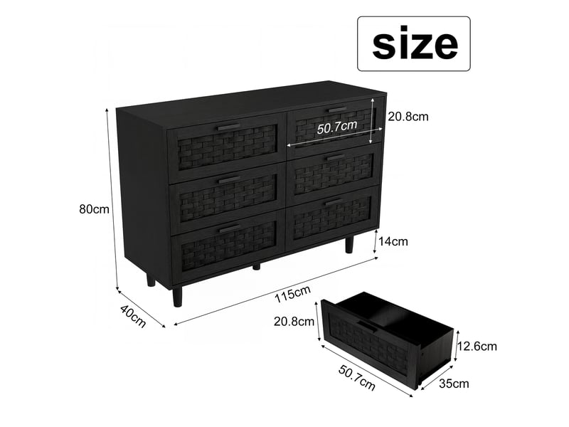  Commode chambre, commode 6 tiroirs rotin, commode bois massif, applicable organisez facilement soin cosmétiques bijoux et autres articles, noir  - Conforama C