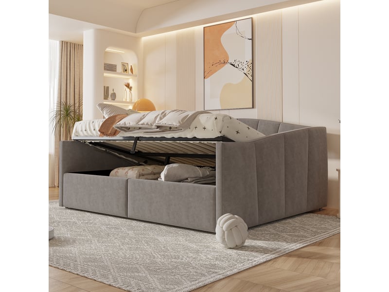  Lit convertible rembourré en velours gris 140x200 cm  - Conforama B