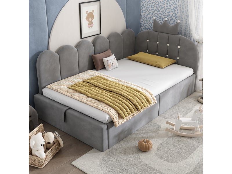  Lit coffre 90 x 200 cm en velours gris avec sommier relevable hydraulique  - Conforama R