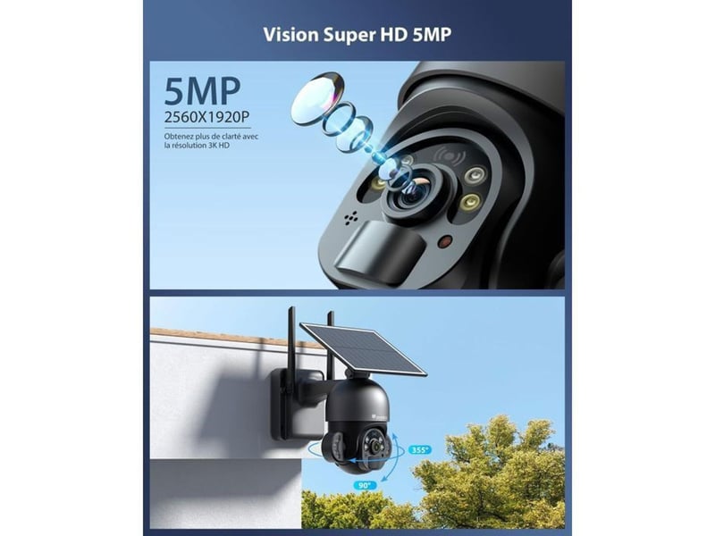  Caméra extérieure wifi solaire 5mp 3k pir détection humaine vision couleur jusqu’à 30 m 6w panneau 149519_AABHJ06495_6_DROPFR - Conforama D