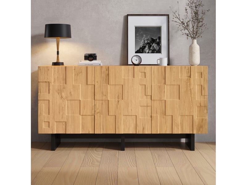  Buffet ulevr 3 portes avec 5 compartiments de rangement, 140 x 40 x 70 cm, ouverture push-to-open, mdf et panneaux de particules, bois naturel  - Conforama D