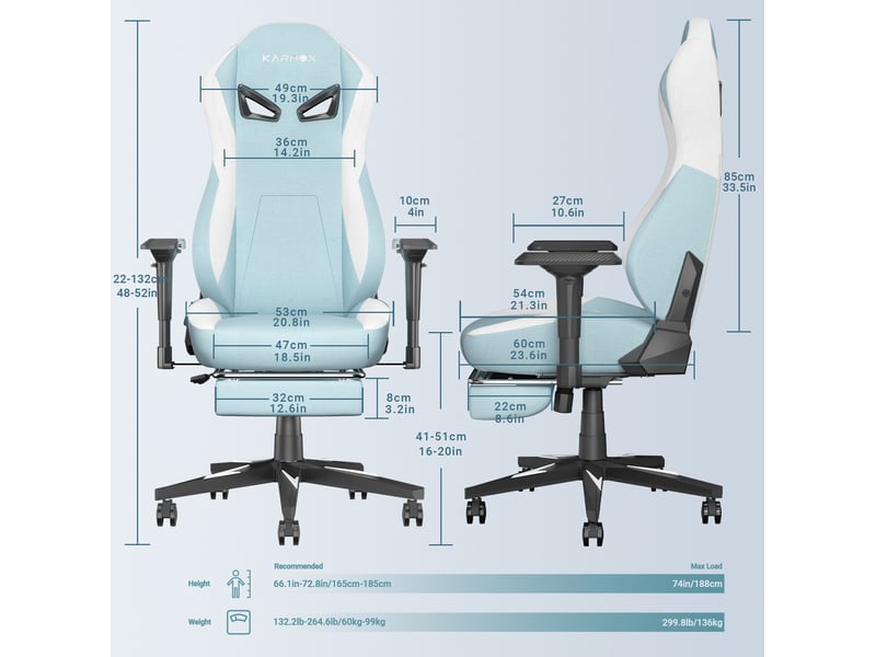  Chaise gaming ergonomique 60 x 53 x 132 cm – bleu clair et blanc – dossier inclinable et repose-pieds  - Conforama C