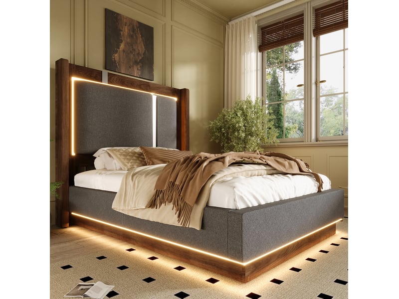  Lit simple 90x200 cm avec coffre et led en bois et lin, gris et noyer  - Conforama C
