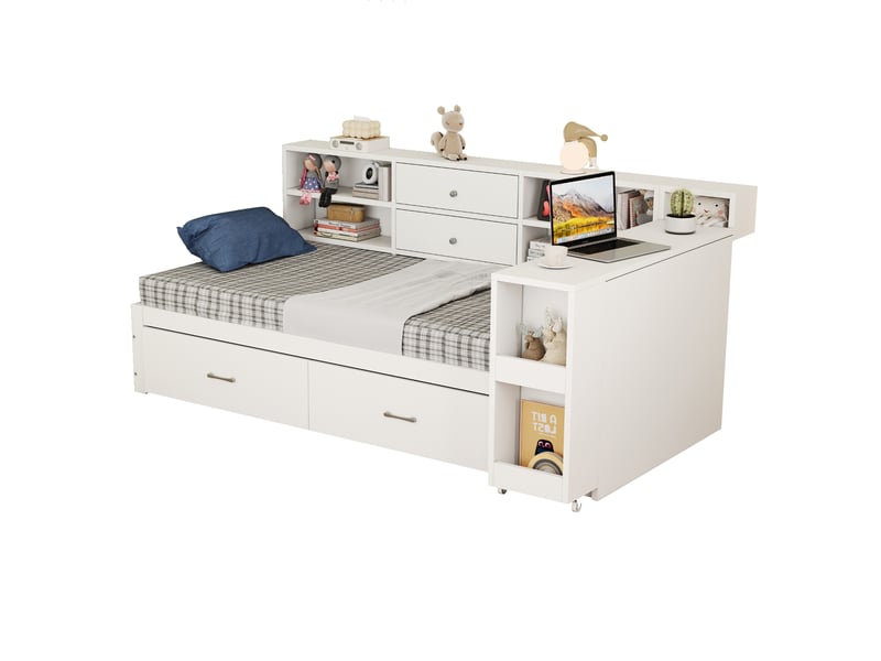 Lit banquette avec bureau extensible et rangements, bois blanc, 90x200 cm, 2 tiroirs et prise intégrée - Conforama D