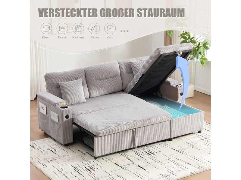 Canapé 3 places, canapé de salon – porte-gobelets, en velours tricoté, avec rangement, port usb, avec méridienne  - Conforama C