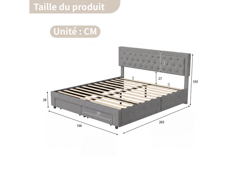  Lit double coffre 160x200, rangement hydraulique sous le lit, 2 tiroirs au pied, sommier à lattes, tissu velours, gris  - Conforama C
