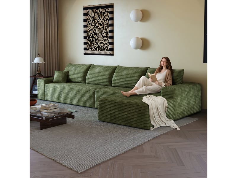  Canapé d'angle modulable 4 places en velours côtelé vert, 340 x 175 x 83 cm, méridienne droite, sans montage, livré compressé, assise profonde CARDUME ESTIVAL - Conforama D