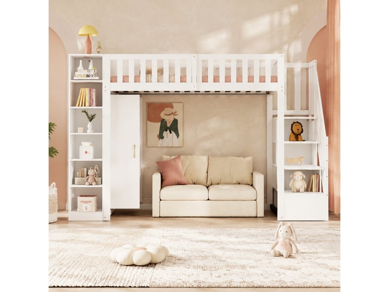  Lit mezzanine enfant 90 x 200 cm blanc avec armoire, étagères et escalier de rangement  - Conforama C