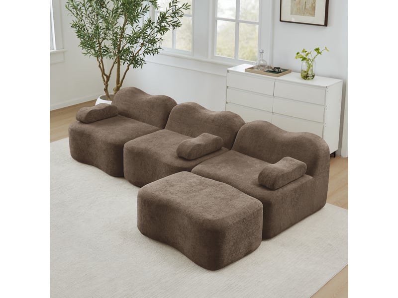 Canapé d'angle ulevr modulaire 3 places avec ottoman, assise profonde, velours marron, 288 x 167 x 70 cm - Conforama D