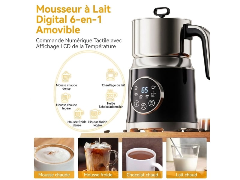  Mousseur à lait électrique 6-en-1 600w 1,2l – émulsionneur à induction verseuse inox amovible compatible lave-vaisselle, écran tactile led et fonction chocolat chaud – noir et inox  - Conforama D