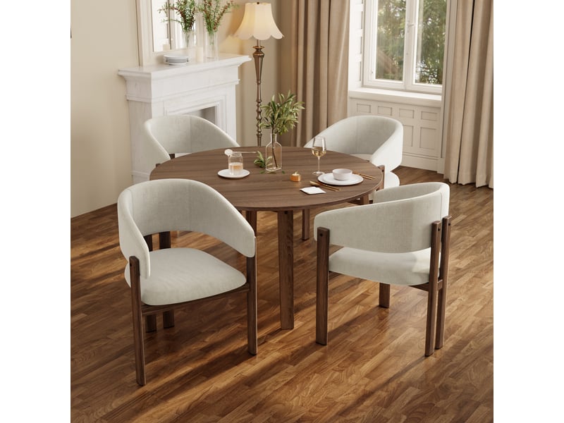  Lot de 6 chaises de salle à manger en lin beige avec accoudoirs, structure métal effet noyer, dossier rembourré, charge 150 kg, design moderne  - Conforama C