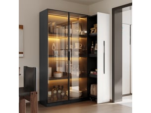 Armoire multifonction noir et blanc, vitrine en verre avec éclairage led, bibliothèque moderne pour salon, 110,5x35x160 cm.