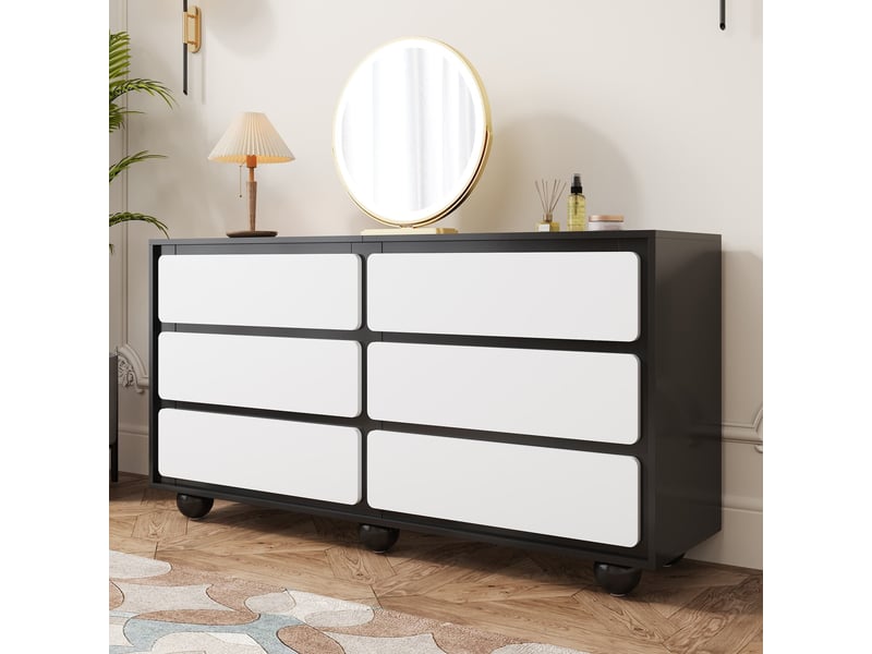  Commode à 6 tiroirs, 140 × 38 × 74,5 cm, design moderne noir et blanc, tiroirs aux angles arrondis, pieds en métal  - Conforama D