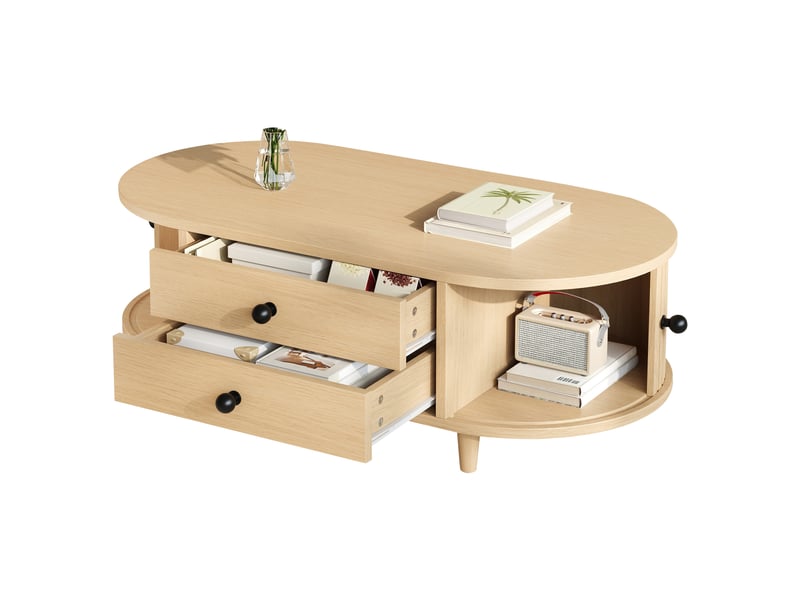  Table basse ovale 100x50x36 cm bois clair, portes tambour, 2 tiroirs et pieds en bois massif Fay Lum - Conforama A
