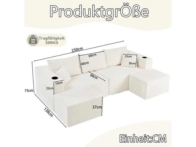  Canapé d’angle modulable 3 places 230 cm avec 2 poufs, tissu côtelé, porte-gobelets, poches latérales, montage facile, beige  - Conforama C