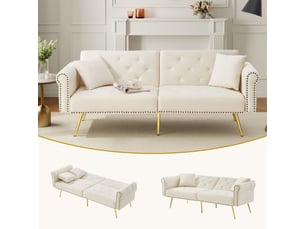 Canapé 2 places, transformable en lit, dossier réglable, en velours, coloris beige, l173 x p75 x h70 cm, gain de place