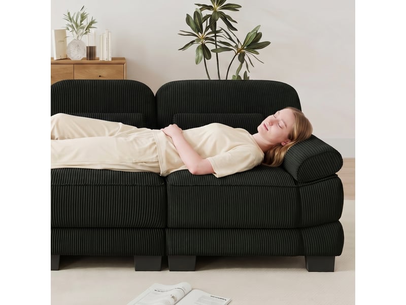Canapé modulable 4 places 336x88,5x94 cm, tissu velours côtelé, assise profonde, coussins lombaires, canapé droit avec structure renforcée - noir - Conforama E
