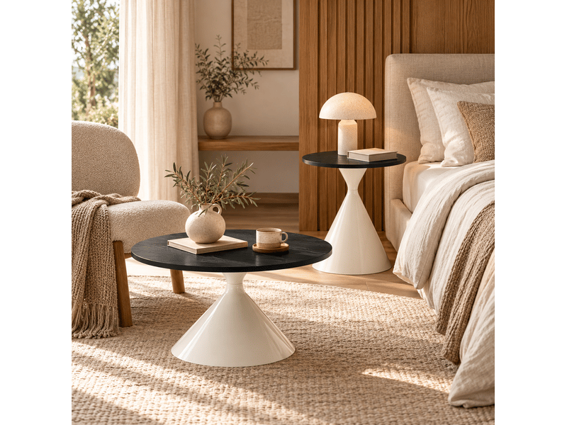  Set de 2 tables basses et d’appoint rondes ø70x40 et ø50x55 cm, métal blanc et noir  - Conforama D