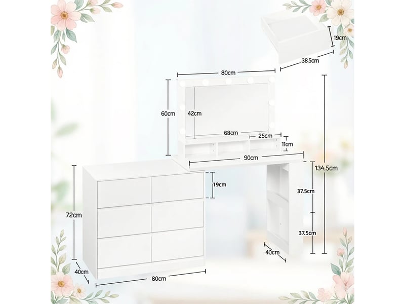  Coiffeuse 6 tiroirs avec miroir led et rangements pour chambre 90×40×134,5 cm bois blanc  - Conforama D
